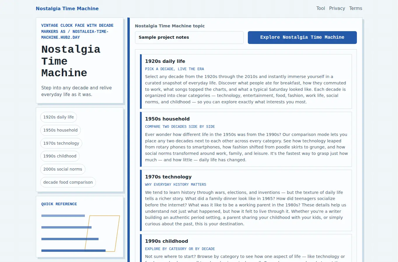 Screenshot of Nostalgia Time Machine interface showing the project page in use